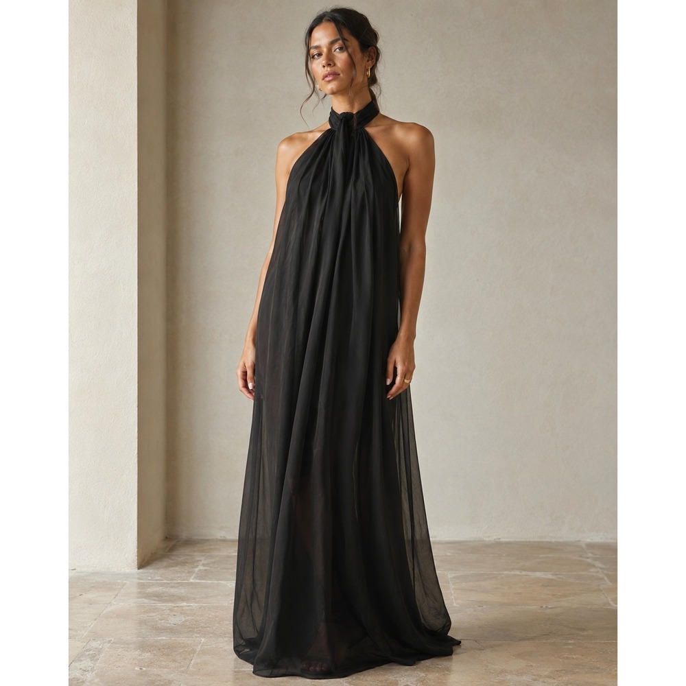 Bellambra Italy Silk Blend Halter Maxi Dress Black Size S 21754B